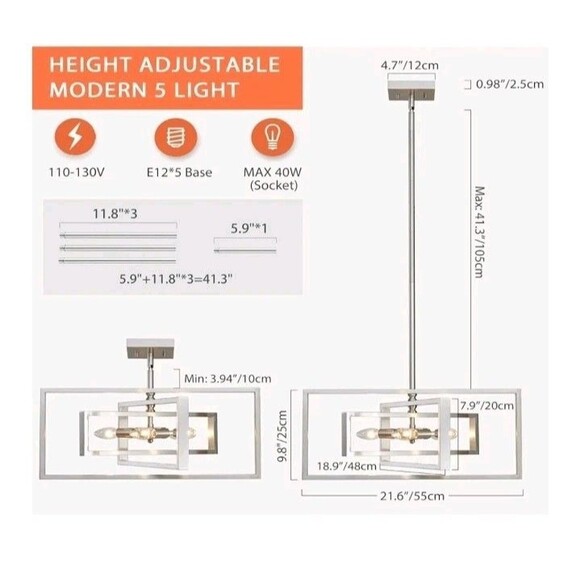 5 Light Modern Brushed Nickel Chandelier 22-in Semi Flush Mount Ceiling Light... - Picture 2 of 10